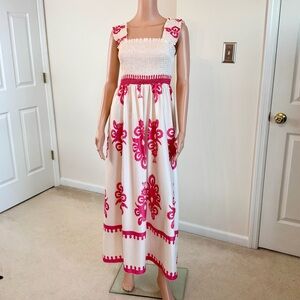 NWT Elings Flowy Smocked Babydoll Pink Cream  Beach Resort Vibes Maxi Dress Sml